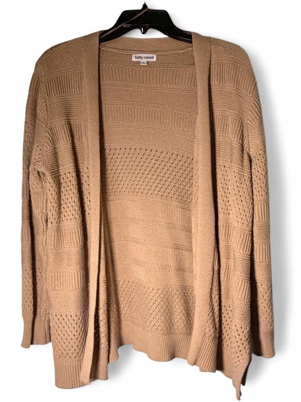 kathy ireland Open-Front Textured Knit Cardigan in Tan